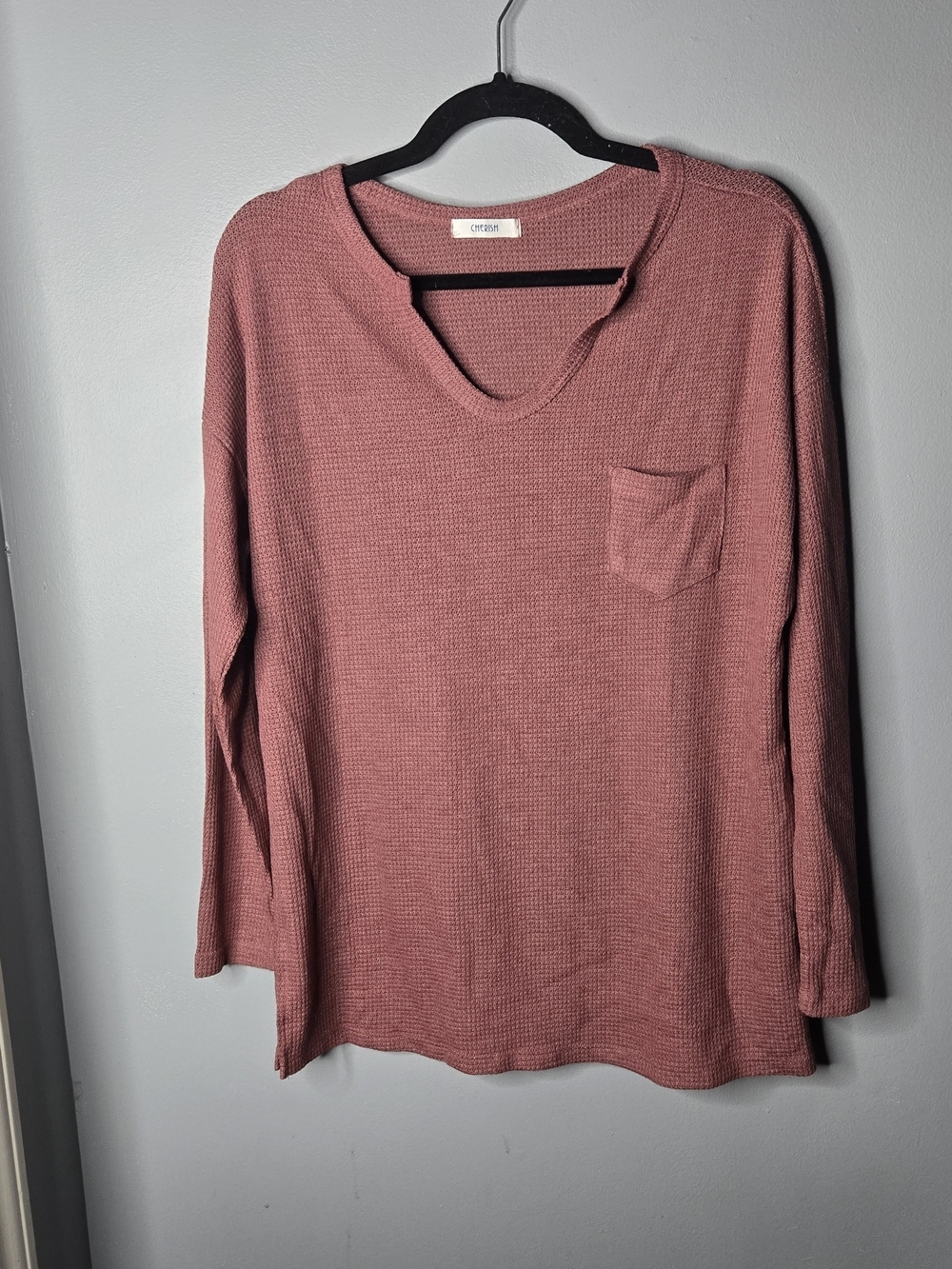 Cherish Dusty Rose Waffle Knit Long Sleeve Pocket Top Large Lightweight